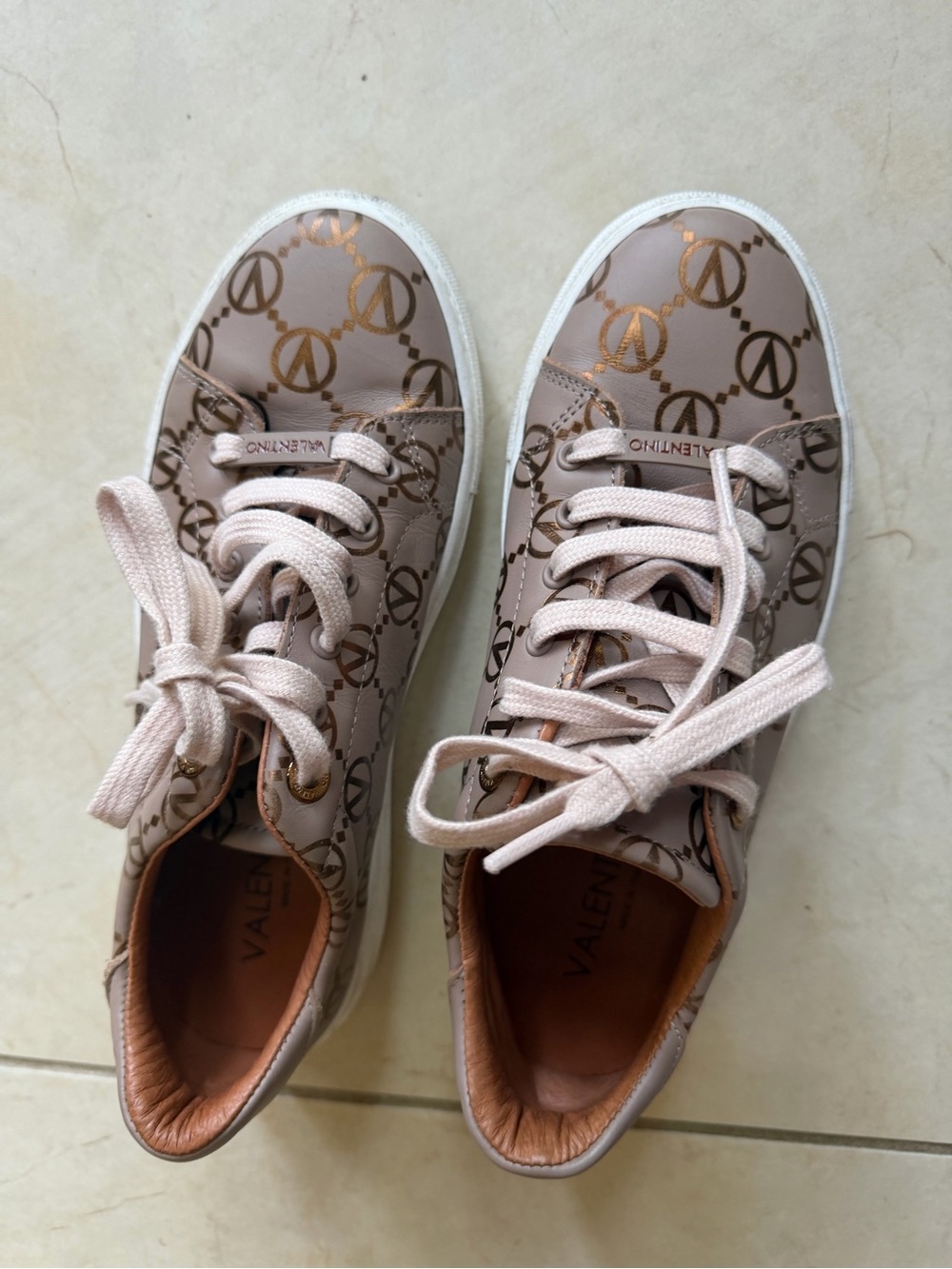 EUC Valentino Italian leather Beige and Metallic Gold Monogram lace Sneakers - Picture 5 of 9